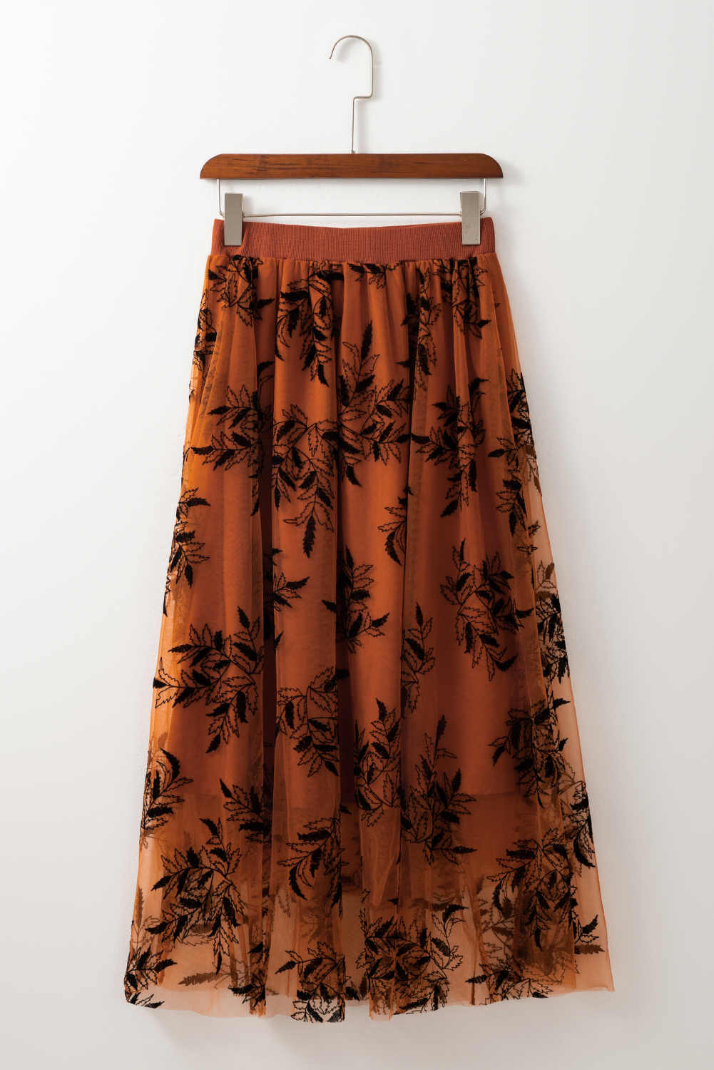 Gold Flame Floral Leaves Embroidered High Waist Maxi Skirt - Image 4