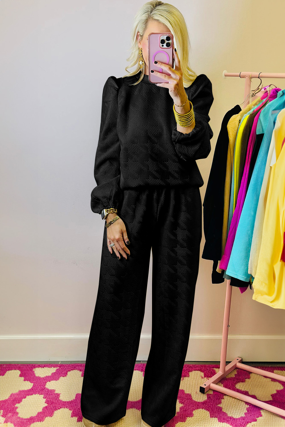 Black Textured Puff Sleeve Top and Pants Set - Image 3