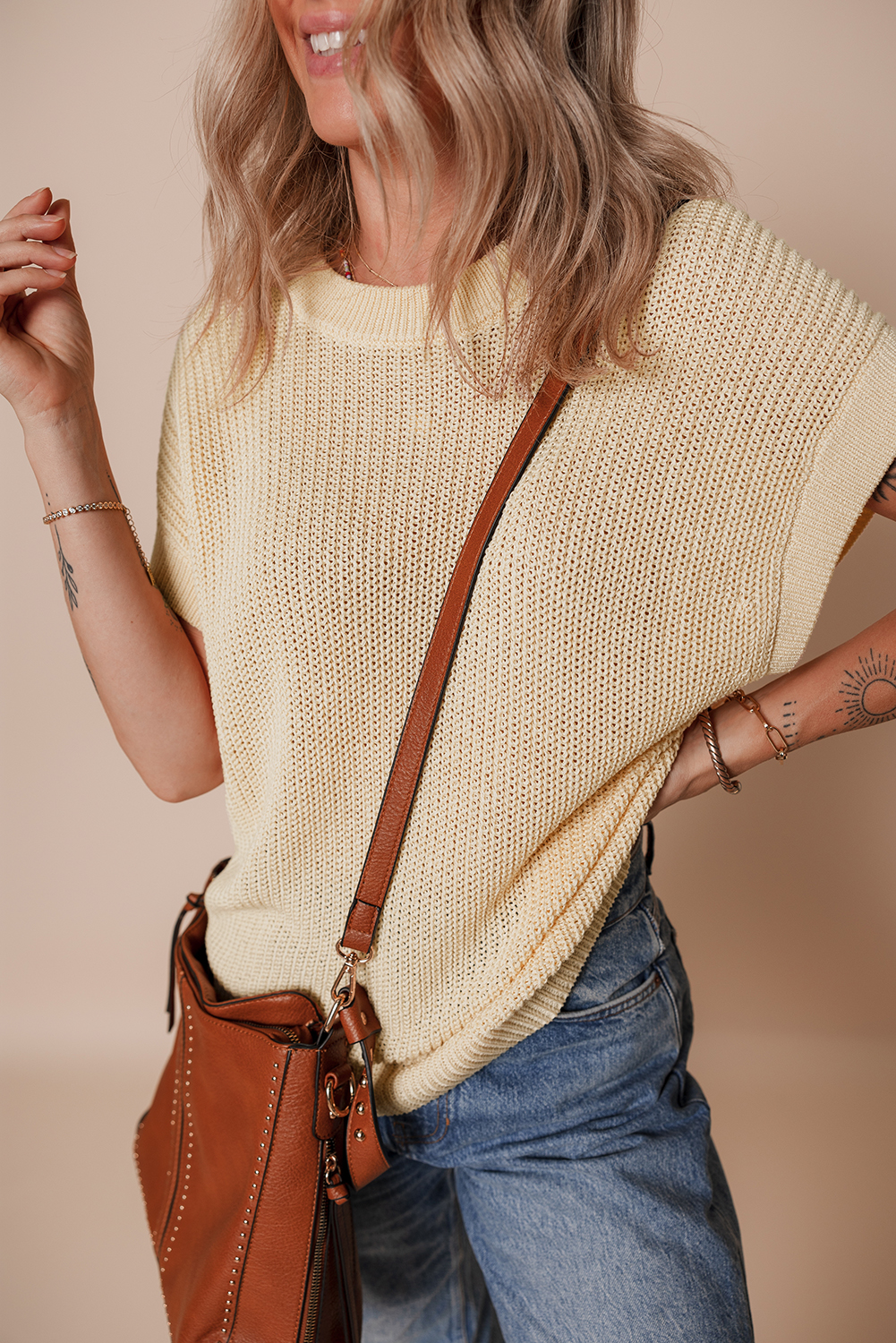 Oatmeal Solid Color Batwing Short Sleeve Round Neck Knit T Shirt - Image 3