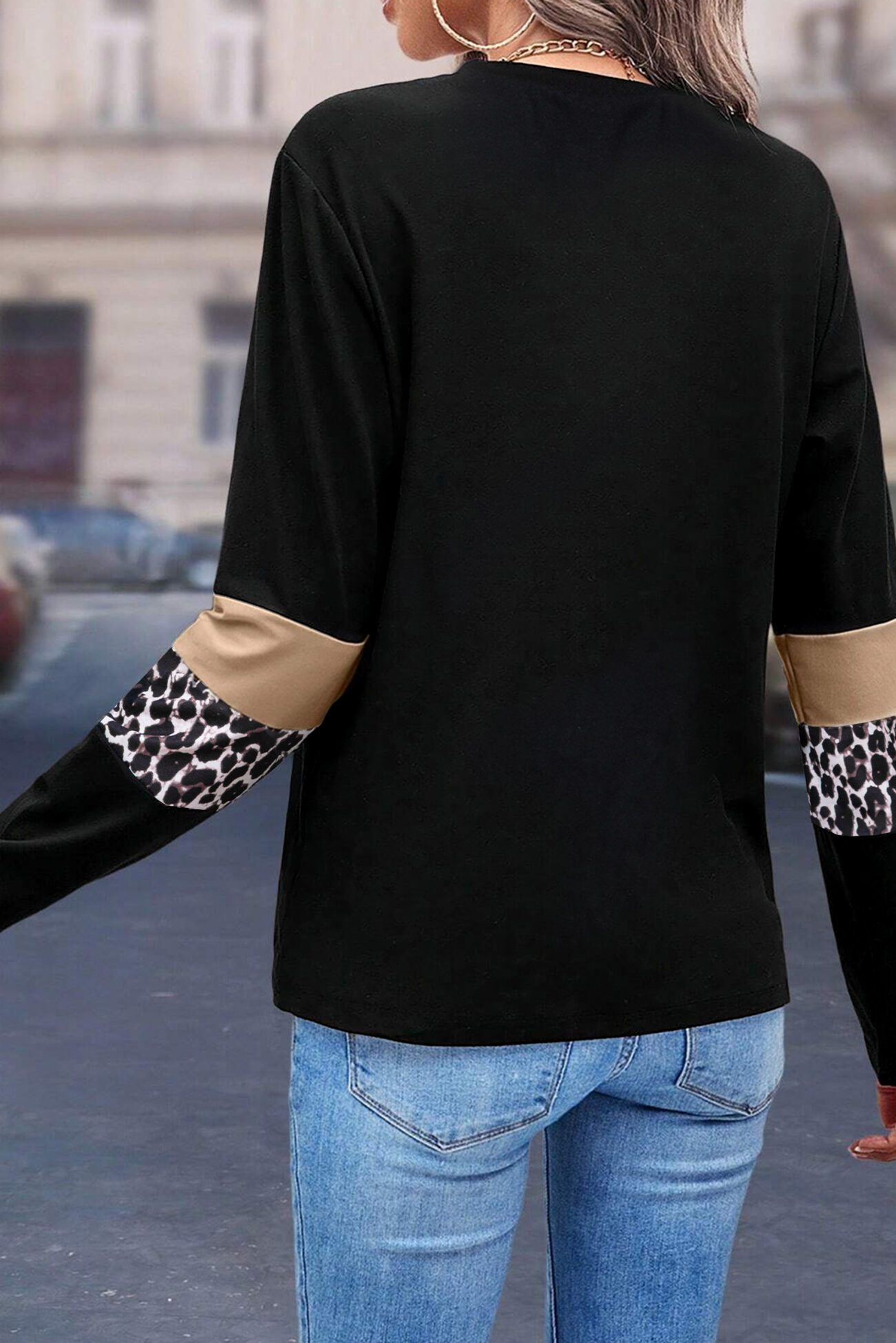 Khaki Leopard Colorblock Patchwork Crew Neck Long Sleeve Tee - Image 2