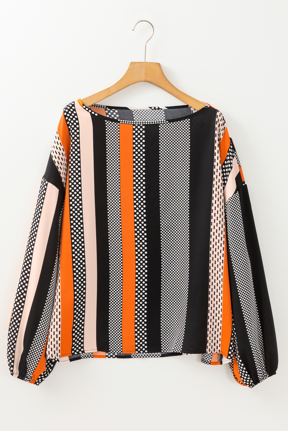 Orange Polka Dot Vertical Striped Printed Puff Sleeve Blouse - Image 7