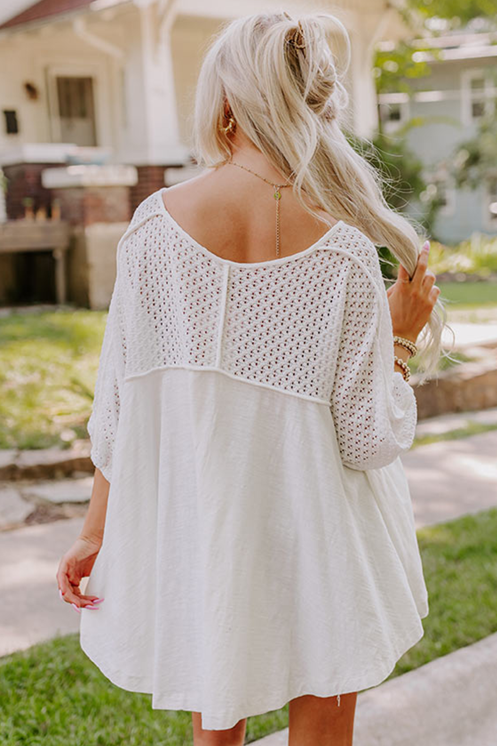 White Eyelet Patchwork High Low Hem V Neck Oversized Top - Image 2