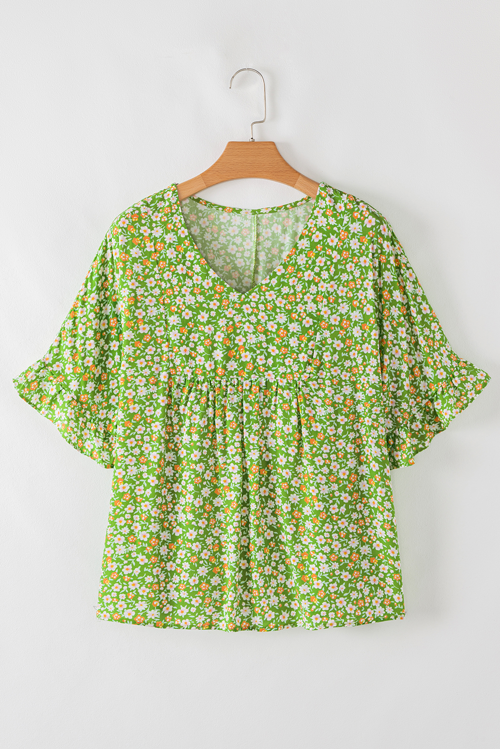 Green Floral Print Ruffle Sleeve V Neck Blouse Top - Image 5