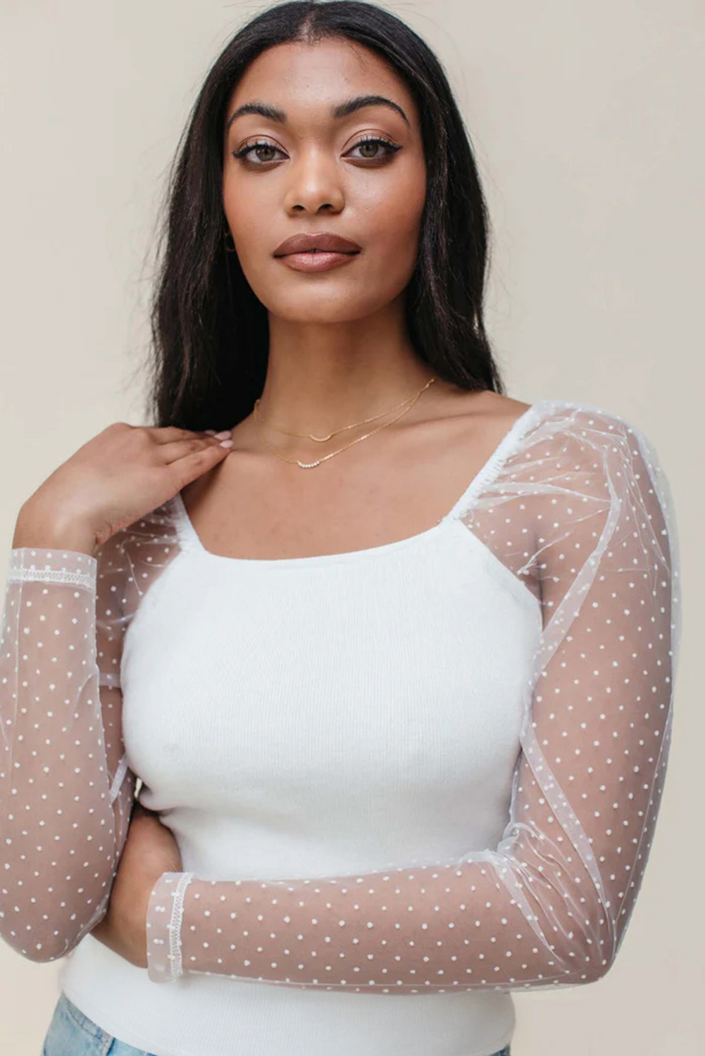 White Swiss Dot Mesh Long Sleeve Square Neck Slim Top - Image 5