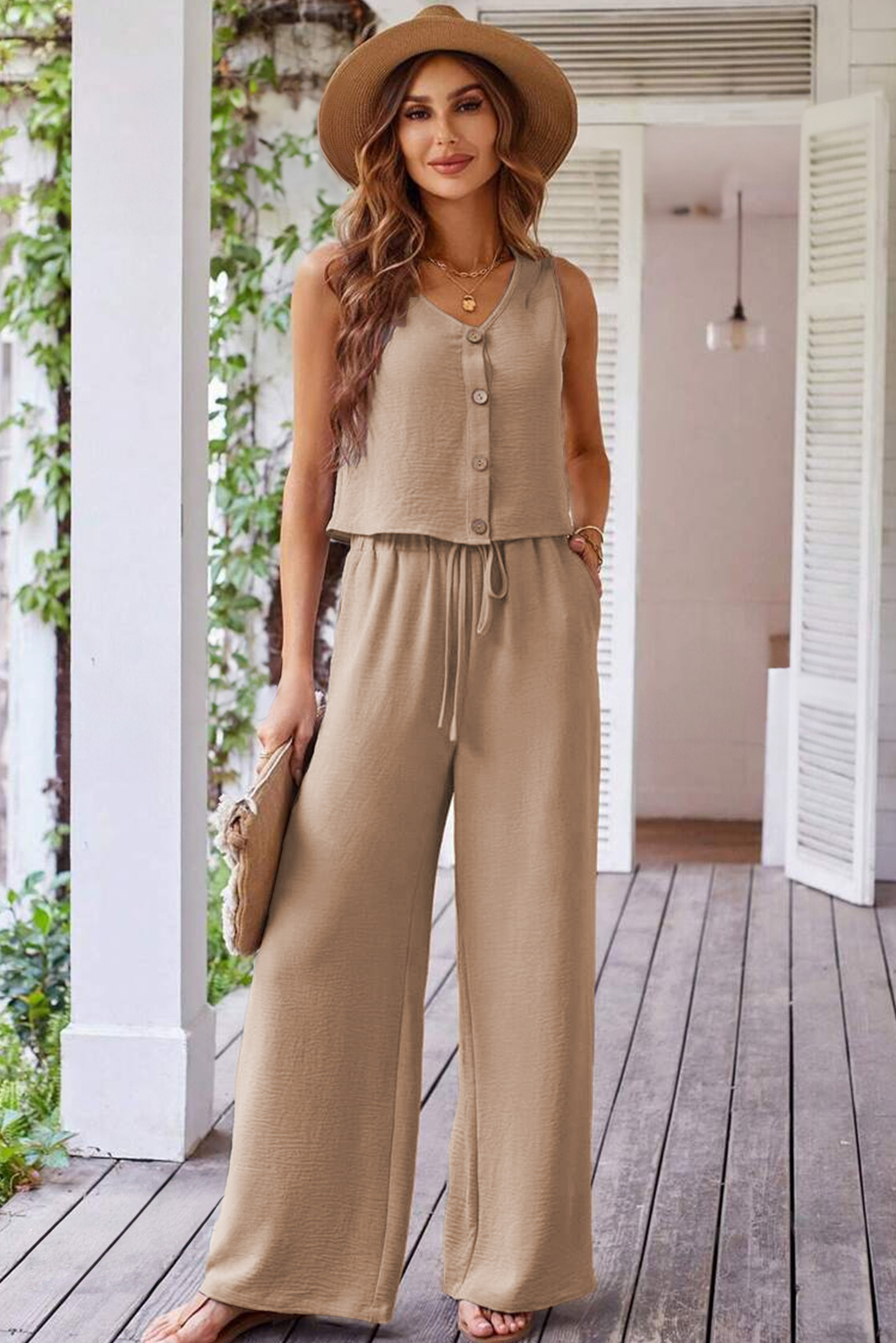 Goat Buttoned Vest Drawstring Wide Leg Pants 2pcs Set - Image 4