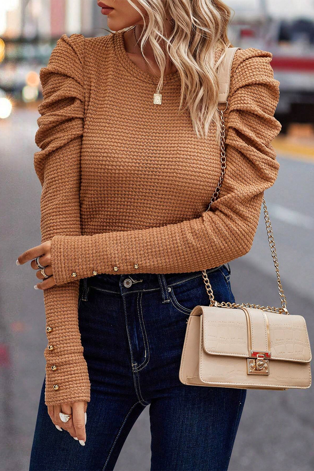 Chestnut Solid Color Textured Buttoned Gigot Sleeve Top - Image 5