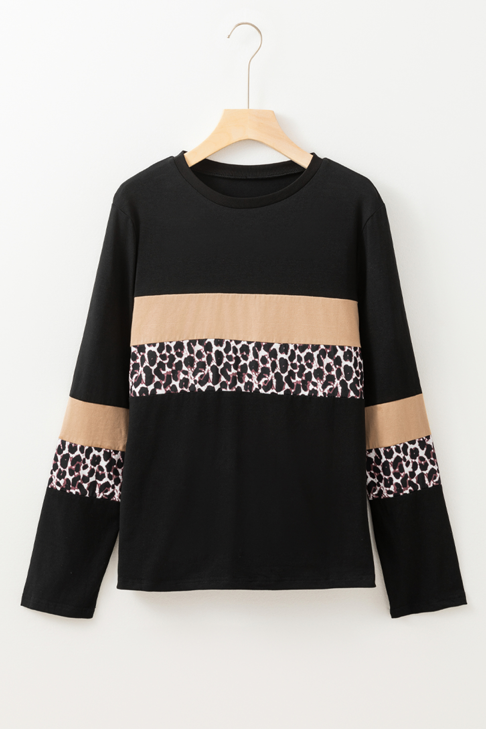 Khaki Leopard Colorblock Patchwork Crew Neck Long Sleeve Tee - Image 3