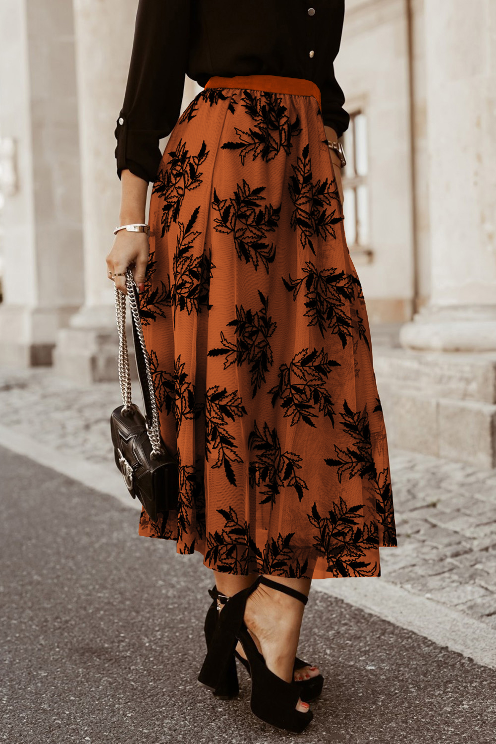 Gold Flame Floral Leaves Embroidered High Waist Maxi Skirt - Image 3