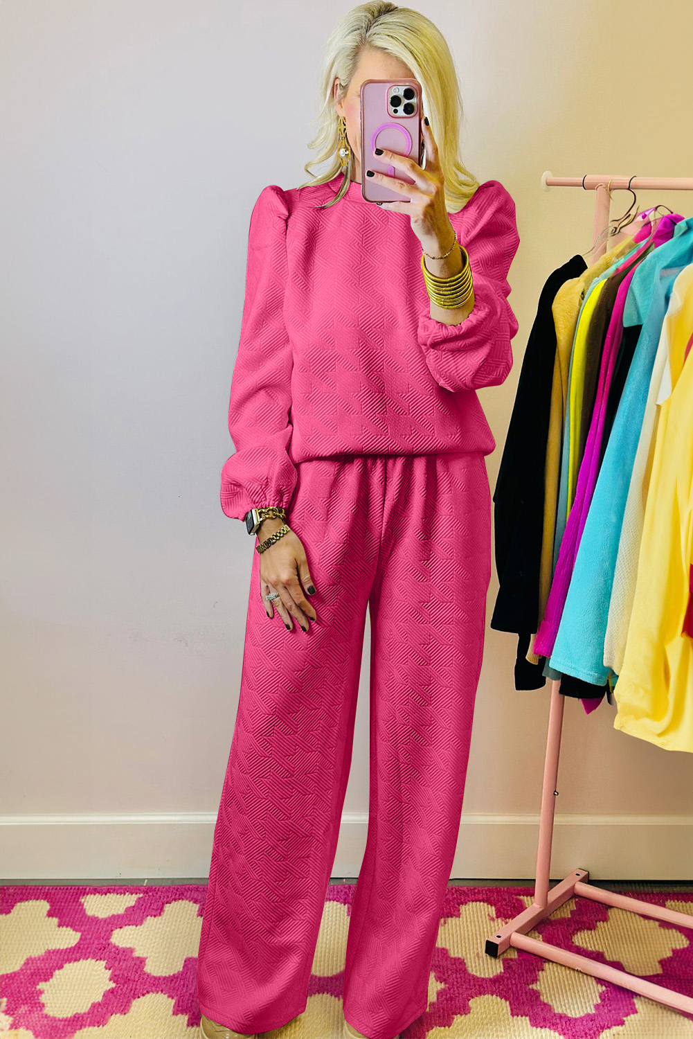Rose Red Textured Puff Sleeve Top and Pants Set - Image 3