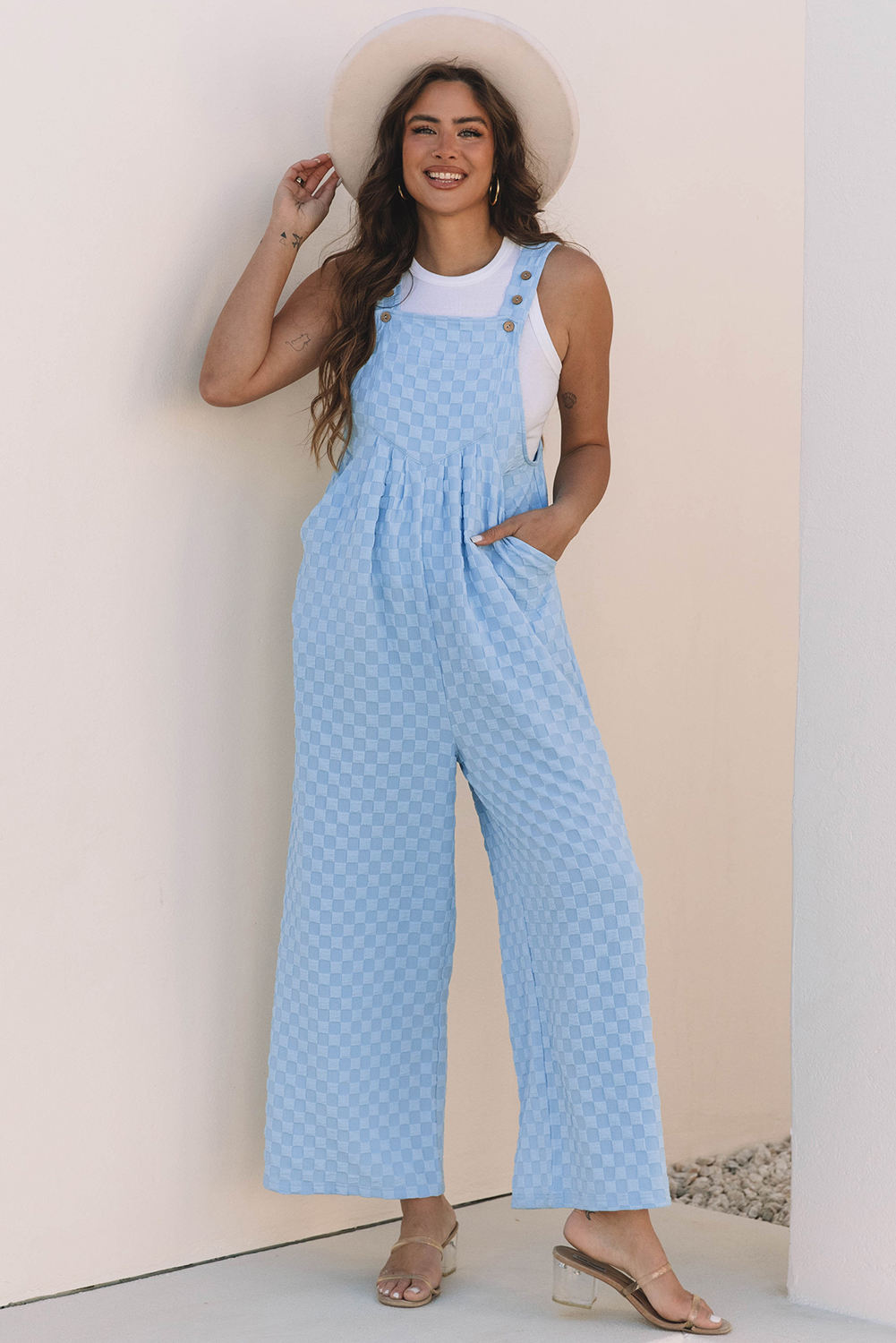 Beau Blue Checkered Pocketed High Waist Wide Leg Overall - Image 5