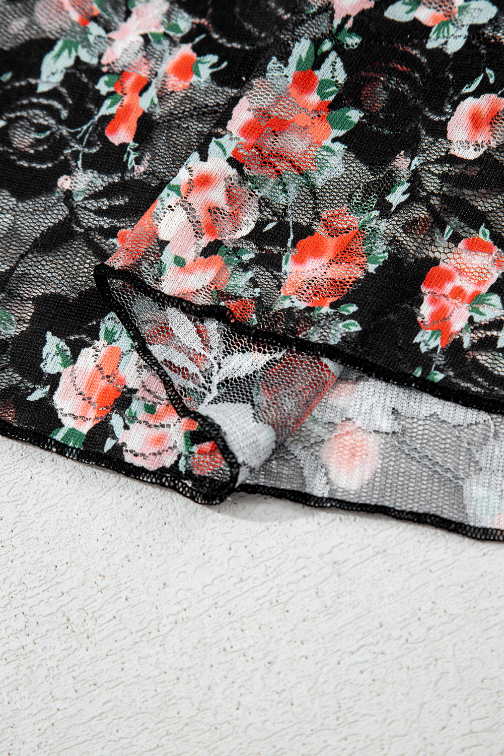 Black Floral Mesh Sheer Long Sleeve Top - Image 8