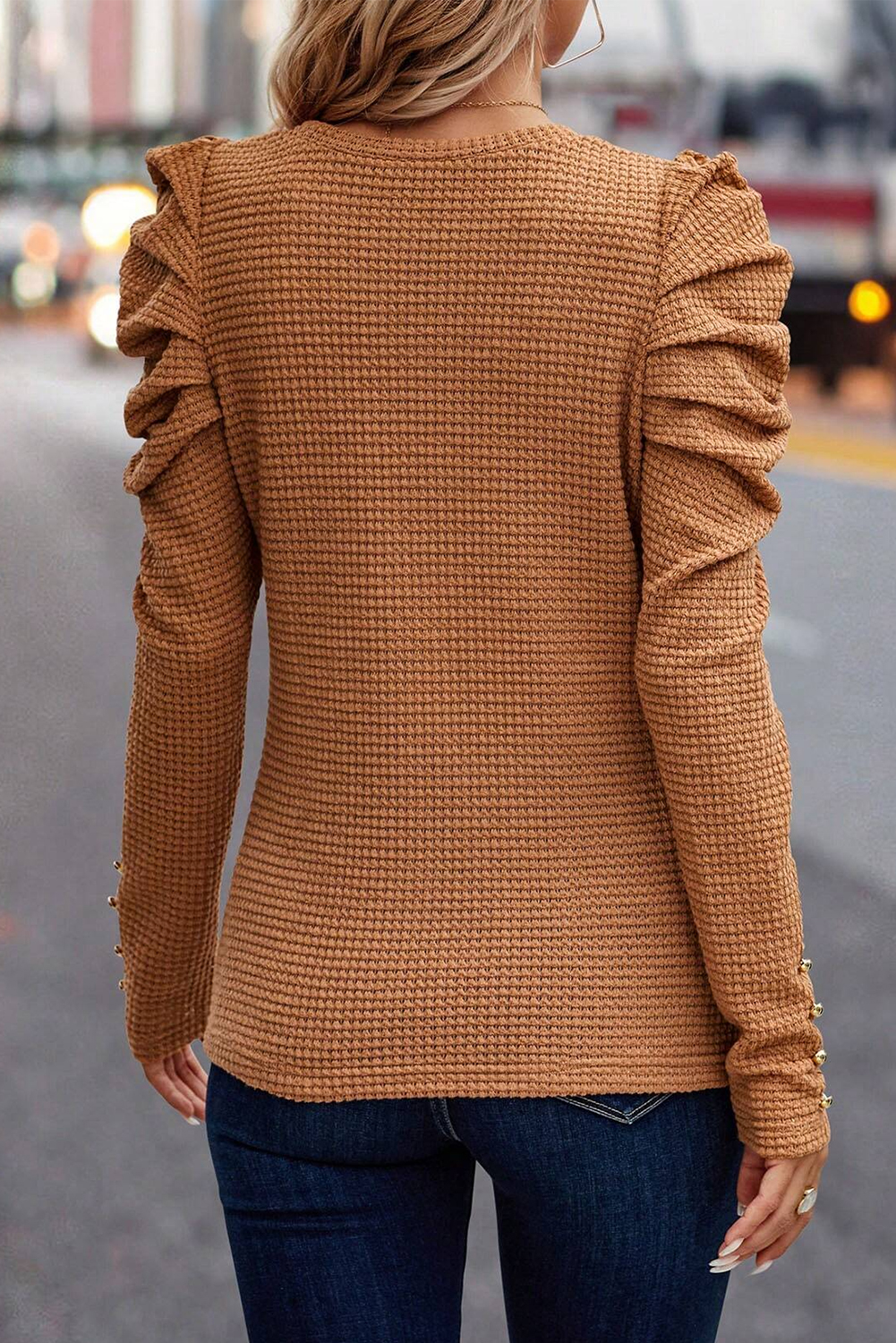 Chestnut Solid Color Textured Buttoned Gigot Sleeve Top - Image 2