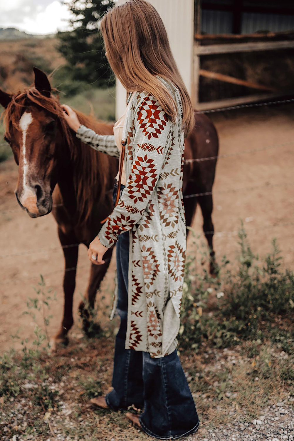 Brown Western Aztec Printed Open Front Long Cardigan - Image 2