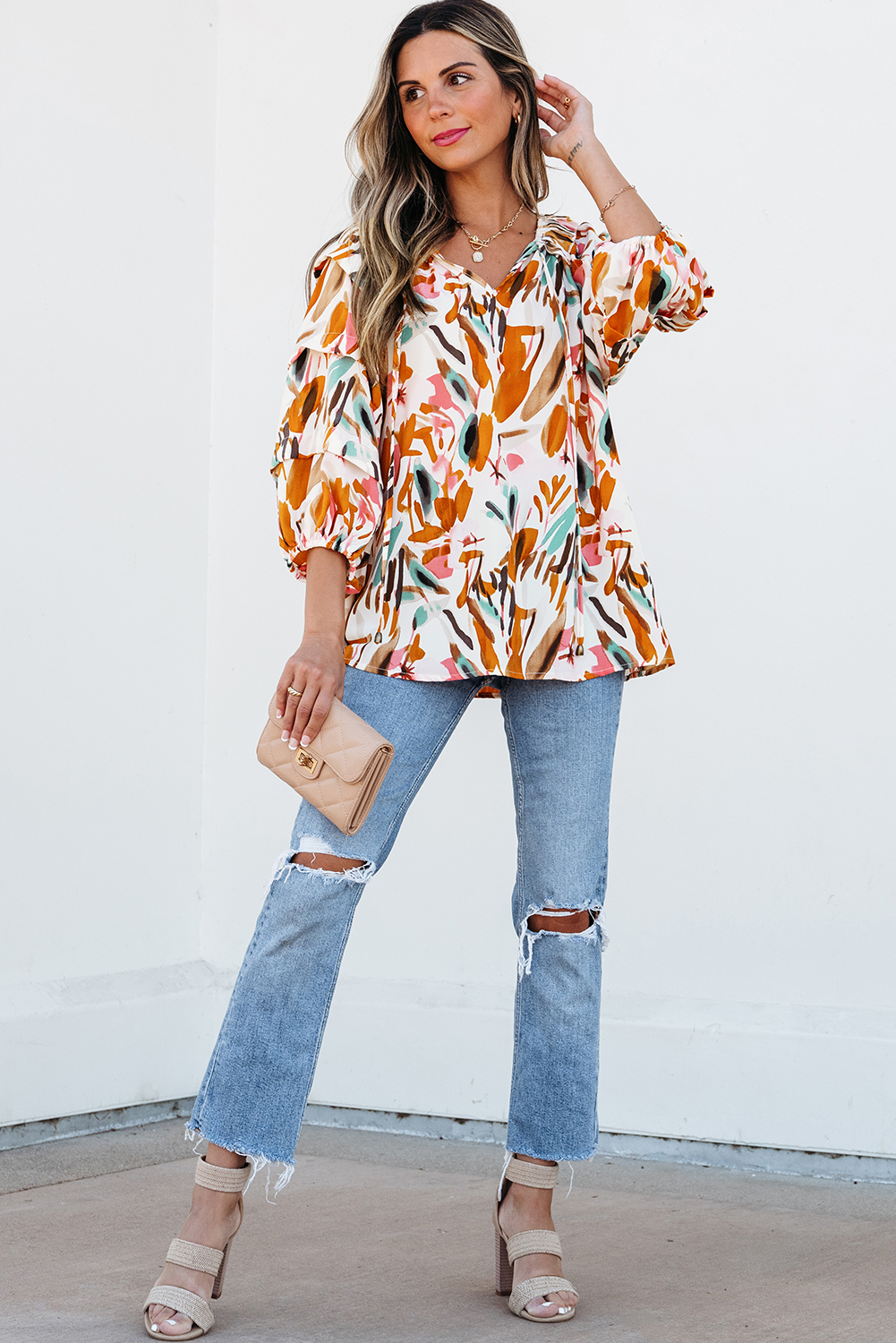 Yellow Abstract Print Drawstring Frilled V Neck 3/4 Sleeve Blouse - Image 5