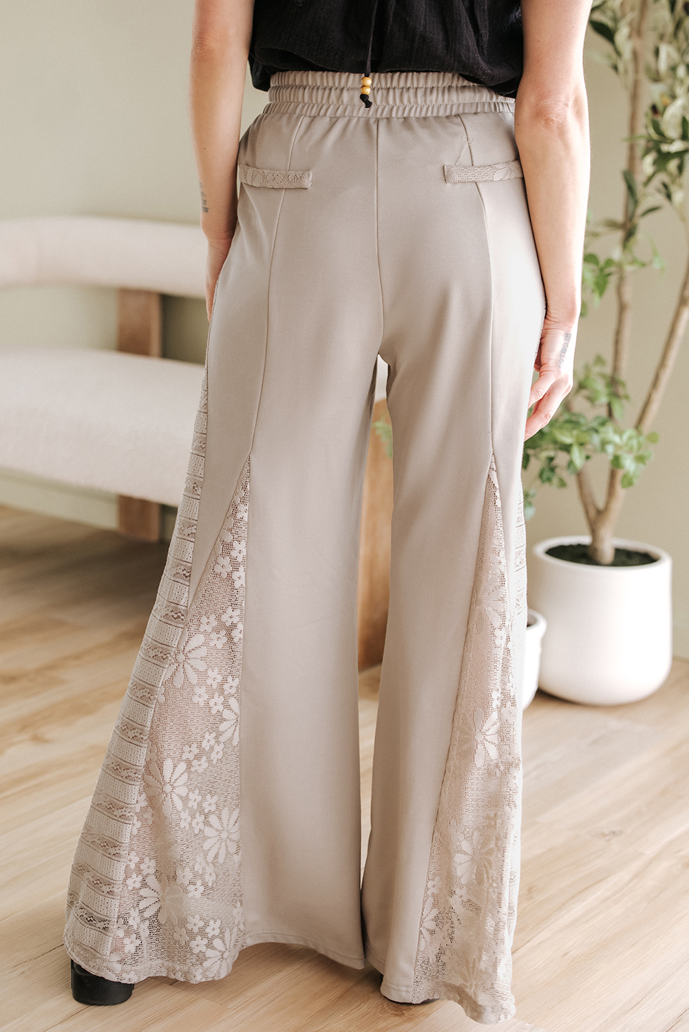 Smoke Gray Boho Lace Patchwork Wide Leg High Waist Pants - Image 2