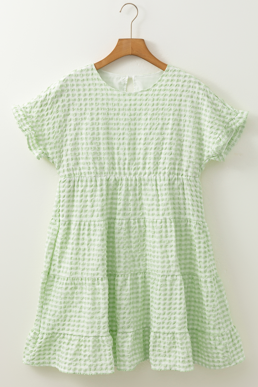 Green Stripe Textured Tiered Short Sleeve Loose Mini Dress - Image 5
