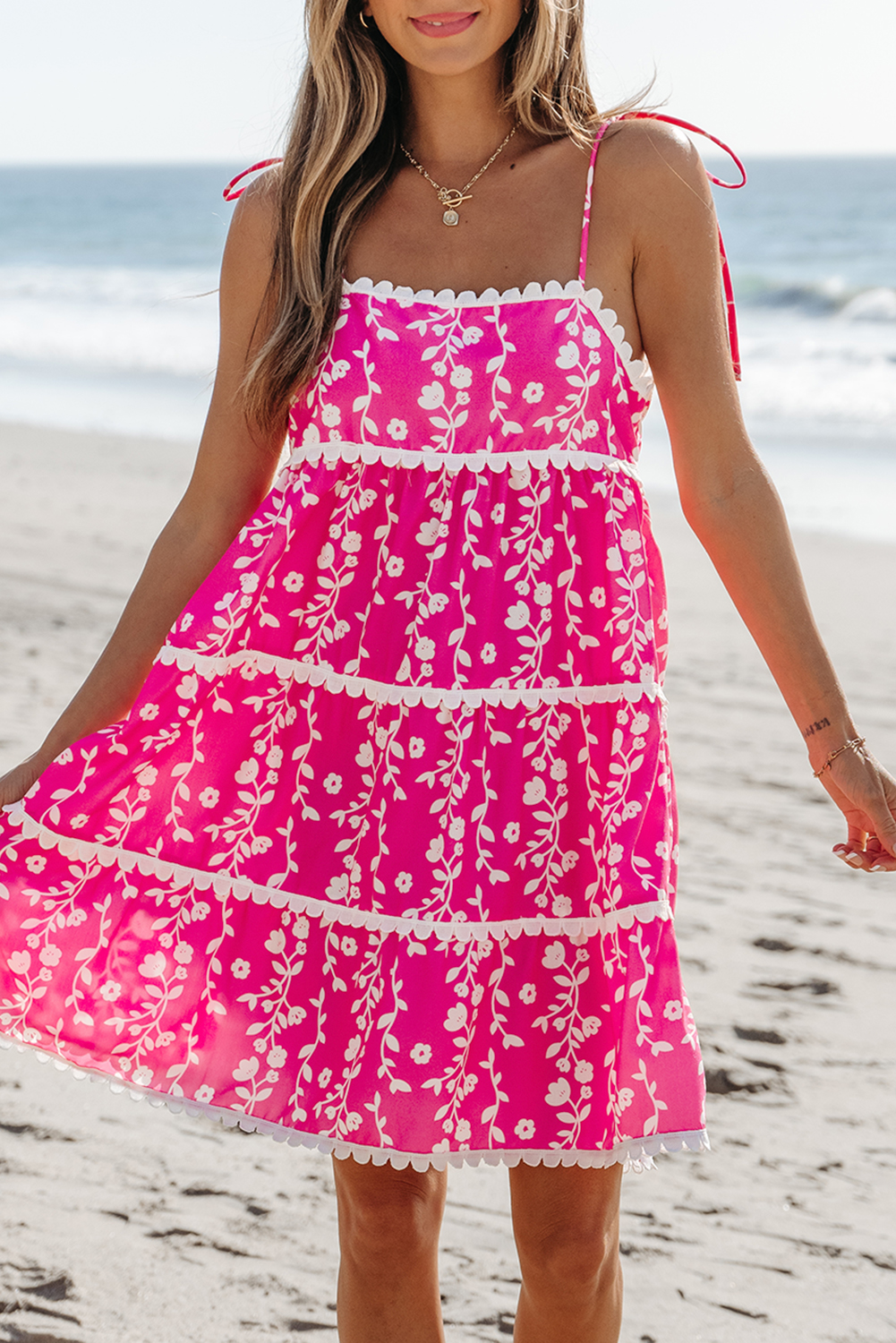 Pink Floral Print Ric Rac Patched Sleeveless Mini Dress - Image 6