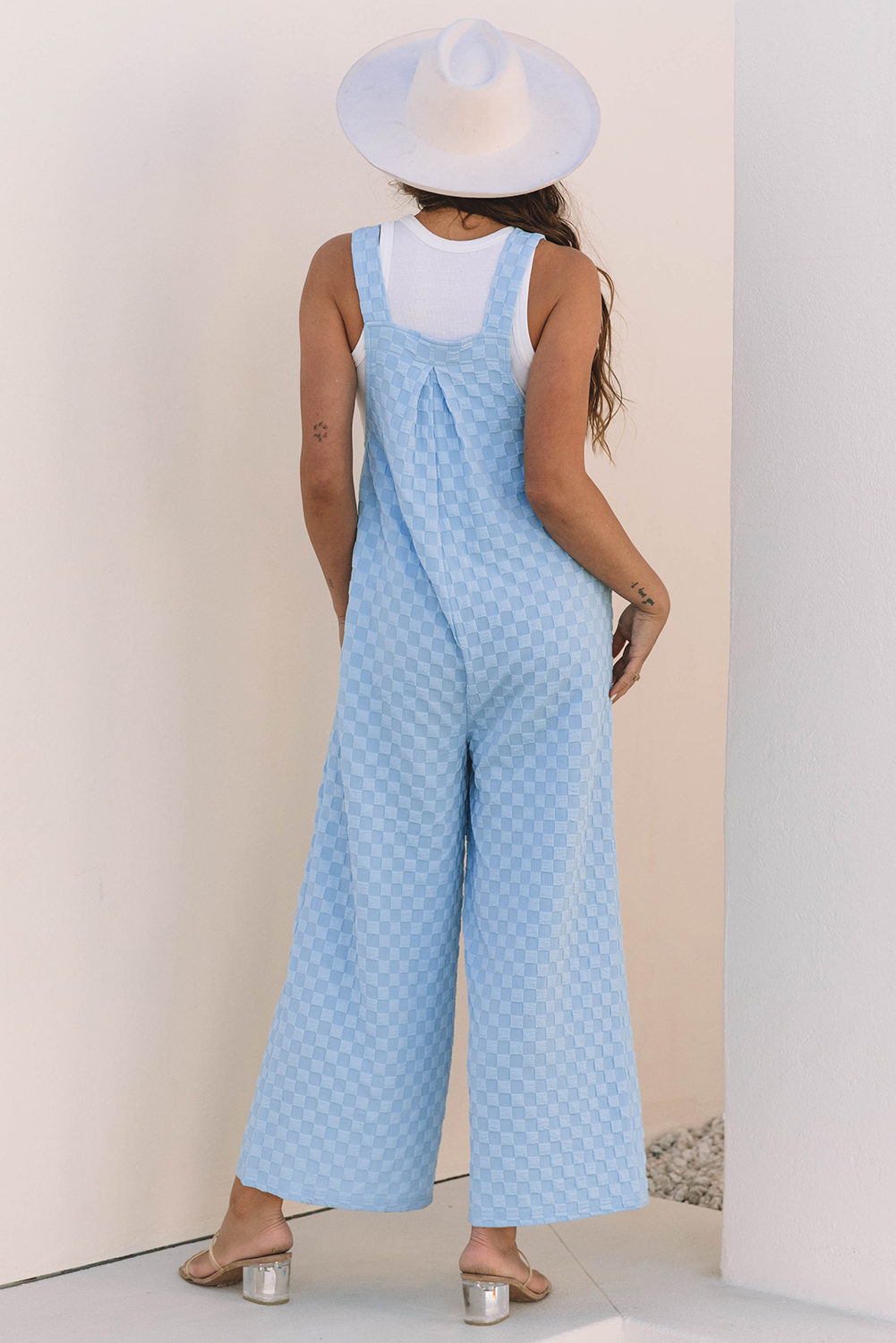 Beau Blue Checkered Pocketed High Waist Wide Leg Overall - Image 2