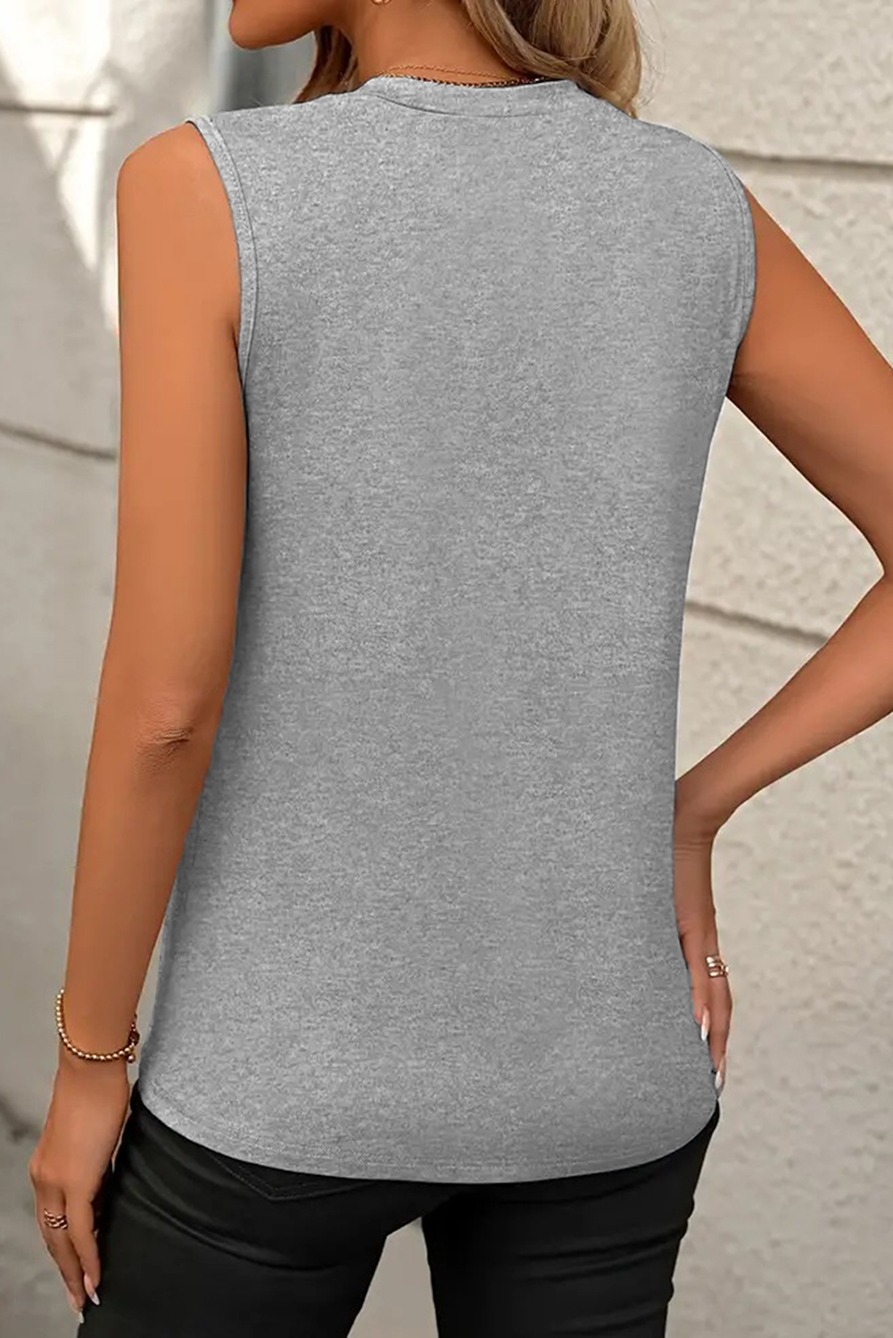 Gray Crew Neck Pleated Tank Top - Image 2