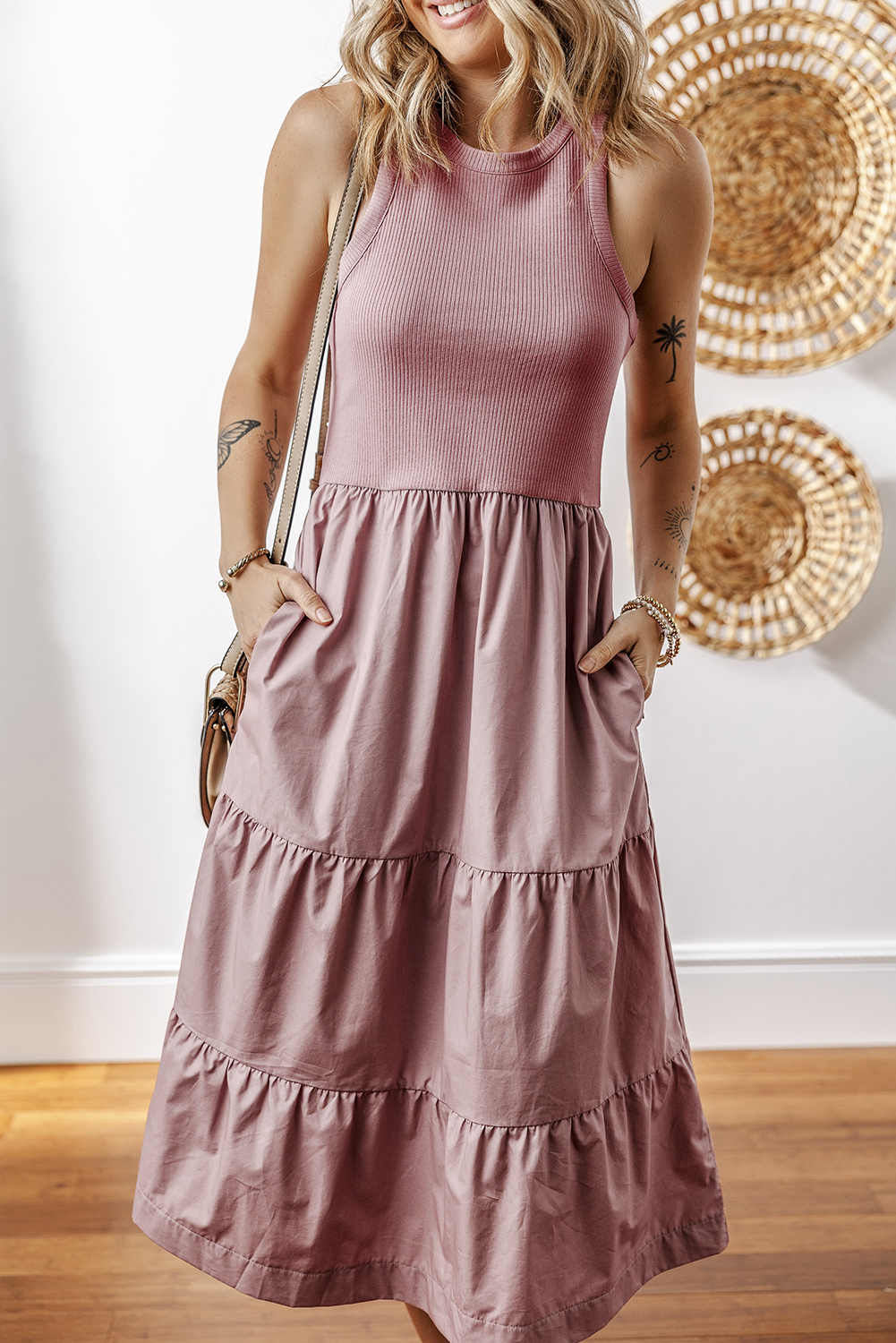 Sepia Rose Ribbed Vest Patchwork Tiered Midi Dress with Pockets - Image 3
