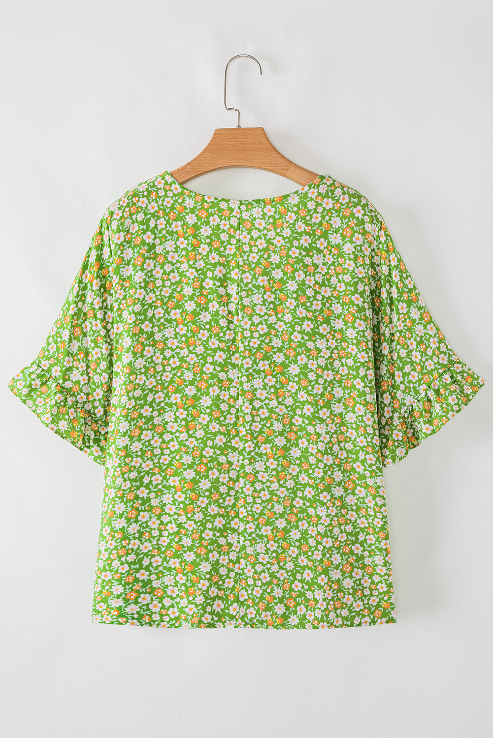 Green Floral Print Ruffle Sleeve V Neck Blouse Top - Image 6