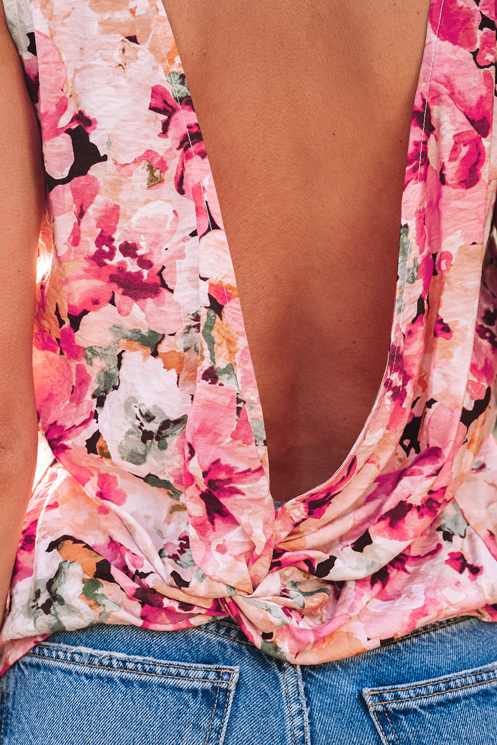 Pink Floral Round Neck Twisted Cut Out Back Tank Top - Image 7