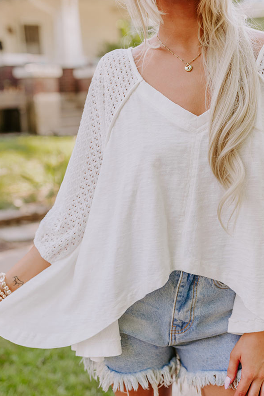 White Eyelet Patchwork High Low Hem V Neck Oversized Top - Image 6