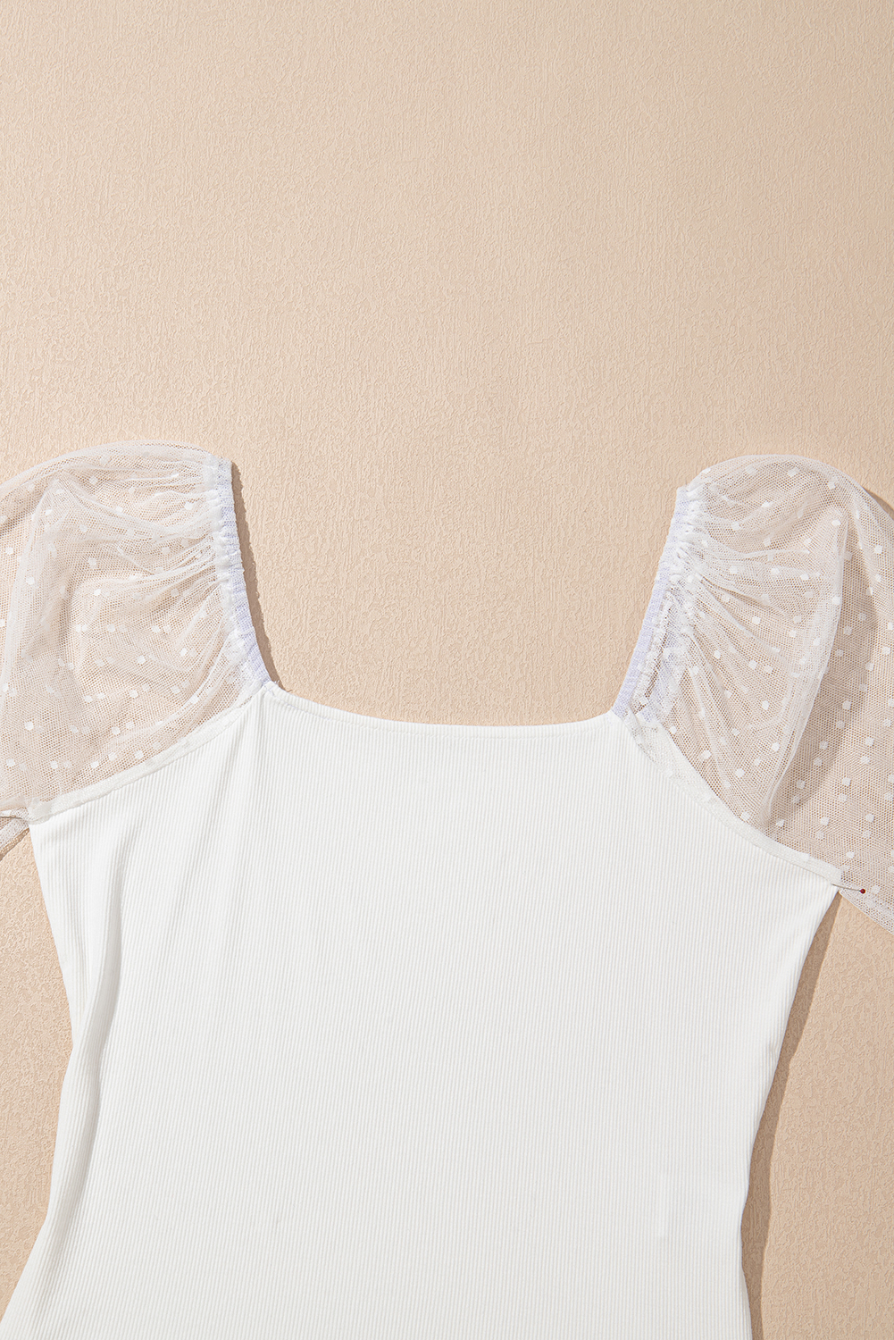 White Swiss Dot Mesh Long Sleeve Square Neck Slim Top - Image 8