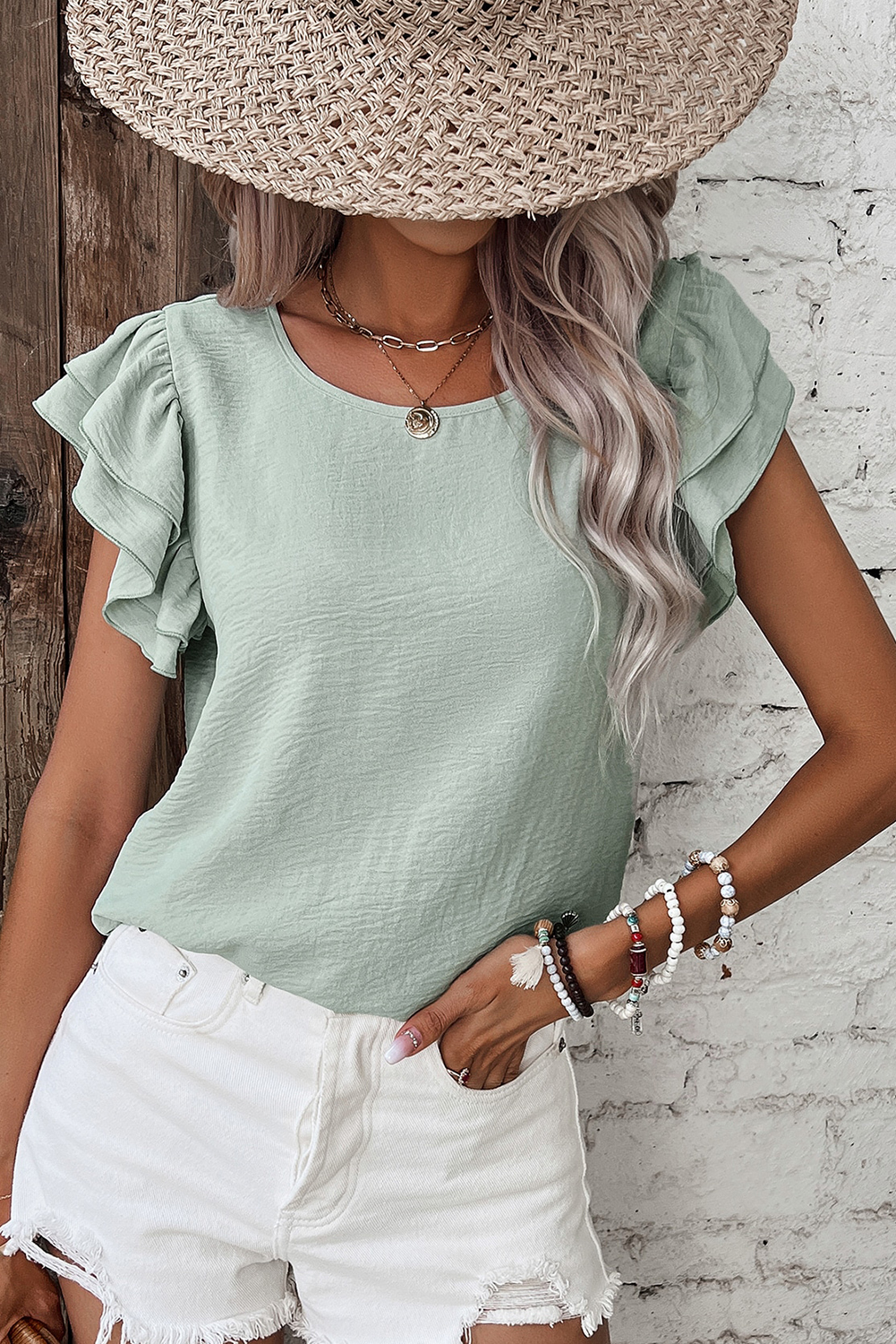 Clearly Aqua Solid Color Ruffled Short Sleeve Casual Blouse - Image 4