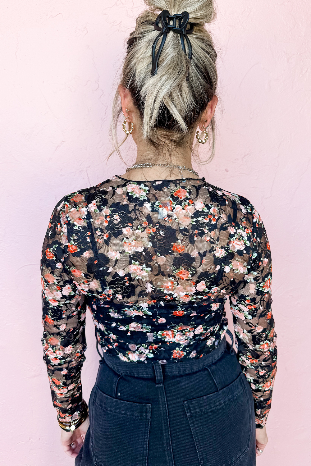 Black Floral Mesh Sheer Long Sleeve Top - Image 2