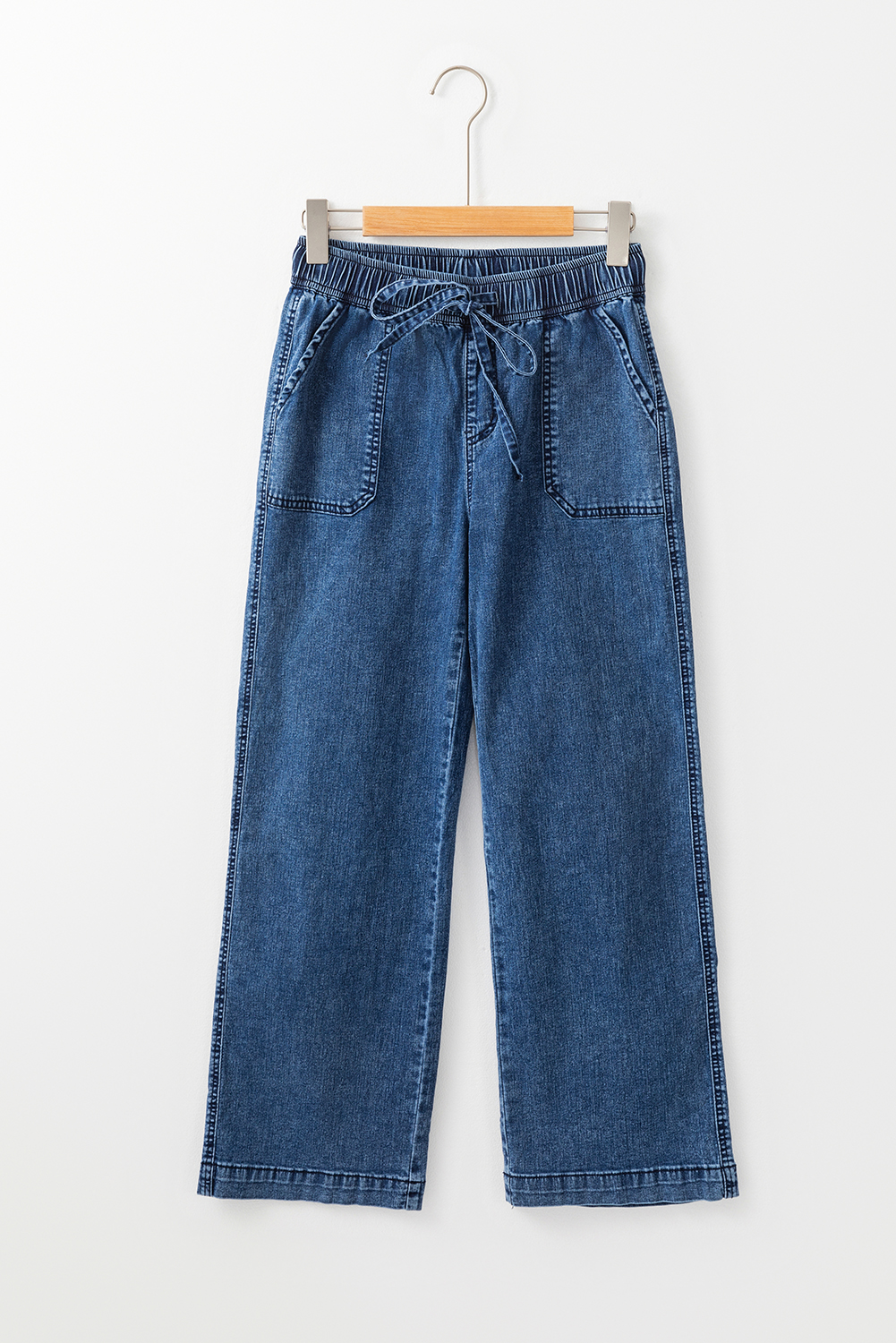 Sail Blue Mineral Wash Drawstring Waist Loose Straight Denim Pants - Image 5