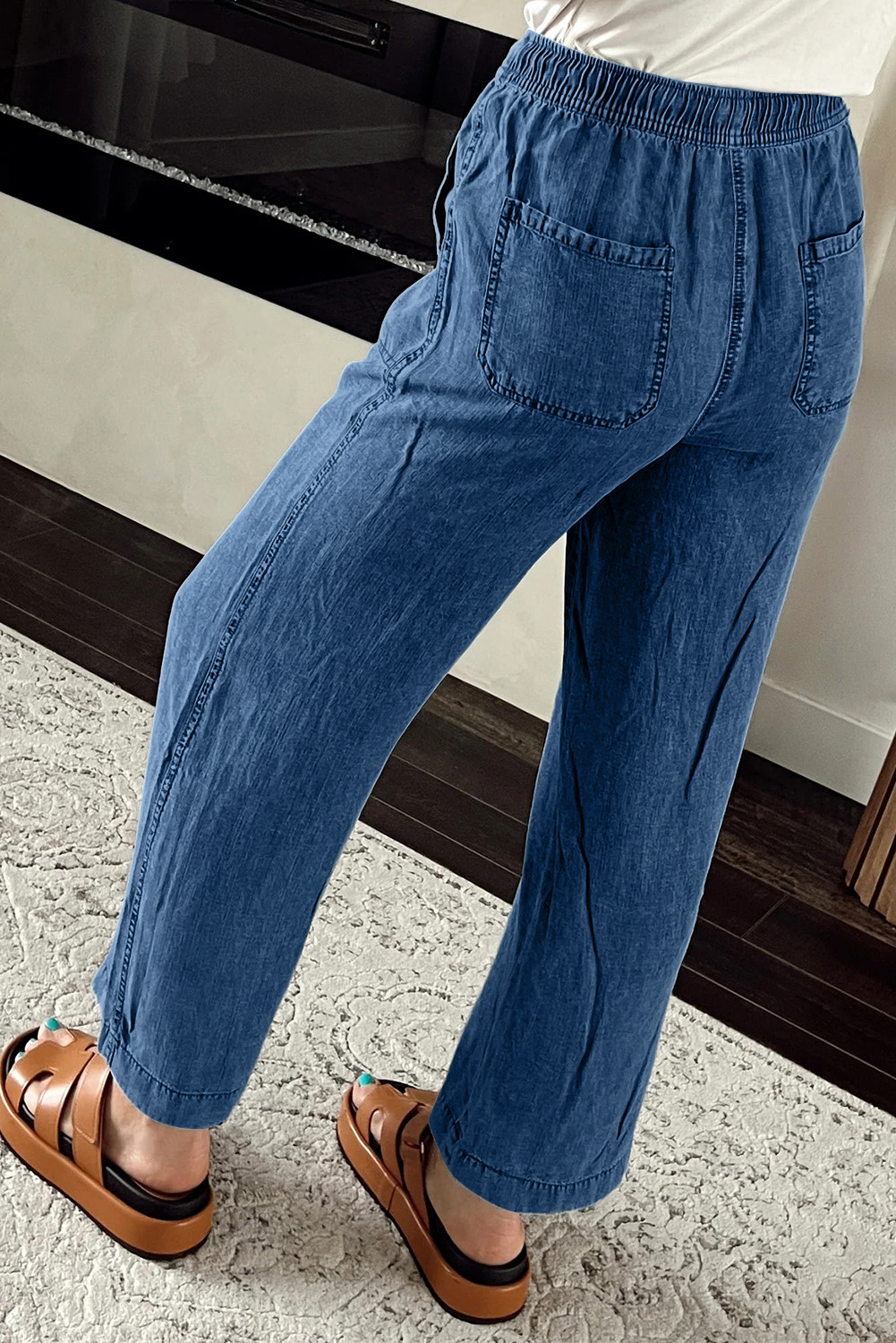 Sail Blue Mineral Wash Drawstring Waist Loose Straight Denim Pants - Image 2