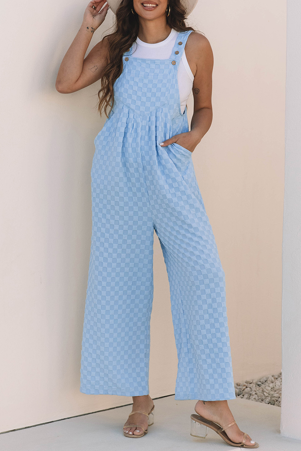 Beau Blue Checkered Pocketed High Waist Wide Leg Overall - Image 6