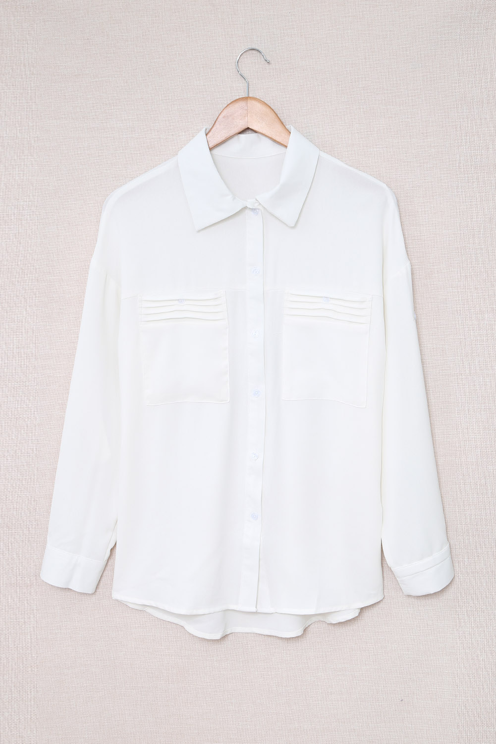 White Solid Pocket Long Sleeve Button-up Shirt - Image 7