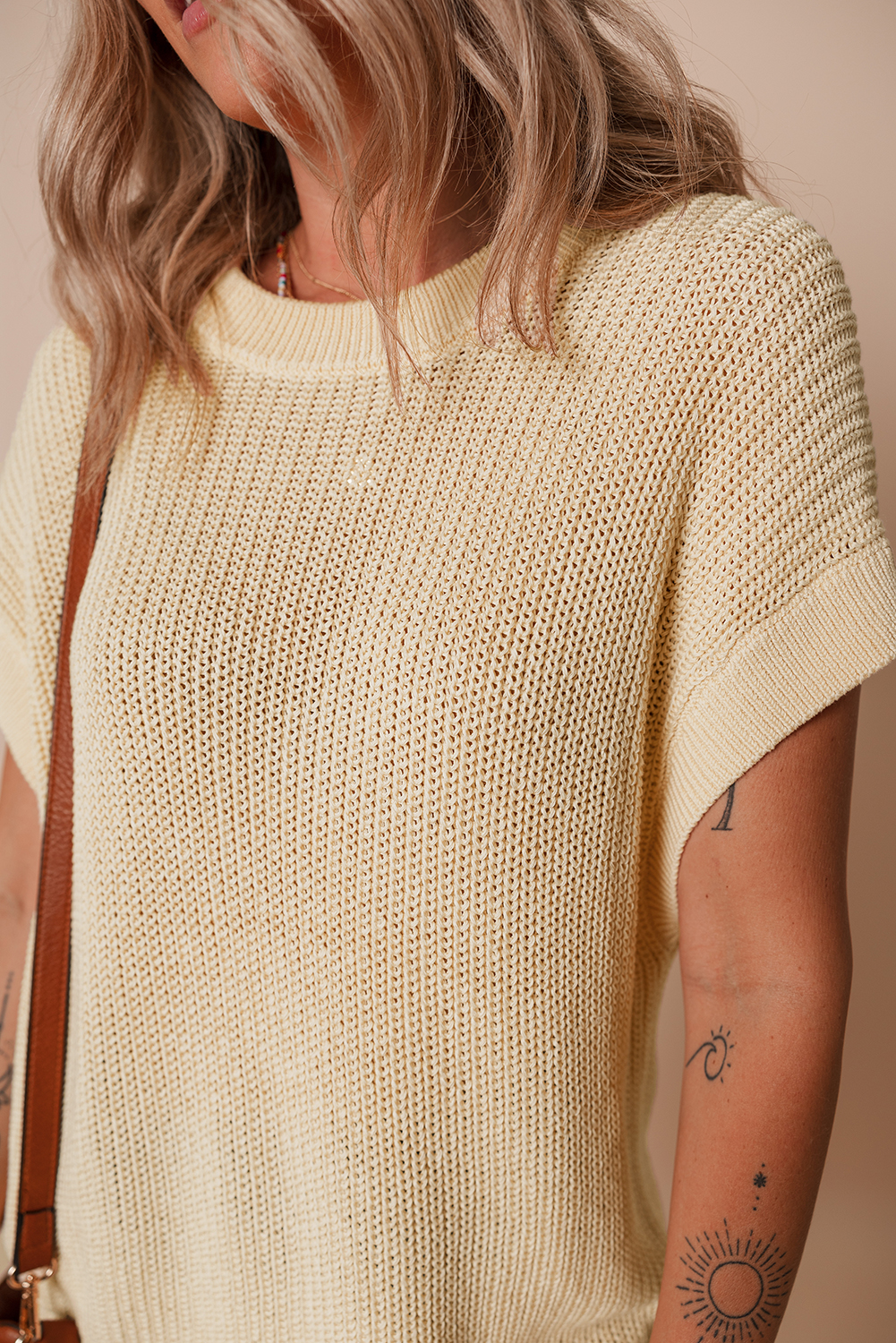 Oatmeal Solid Color Batwing Short Sleeve Round Neck Knit T Shirt - Image 8