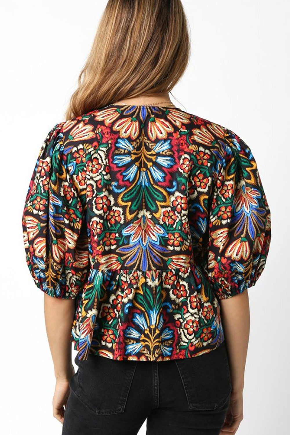 Black Tropical Print Bubble Sleeve Knot Front Blouse - Image 5