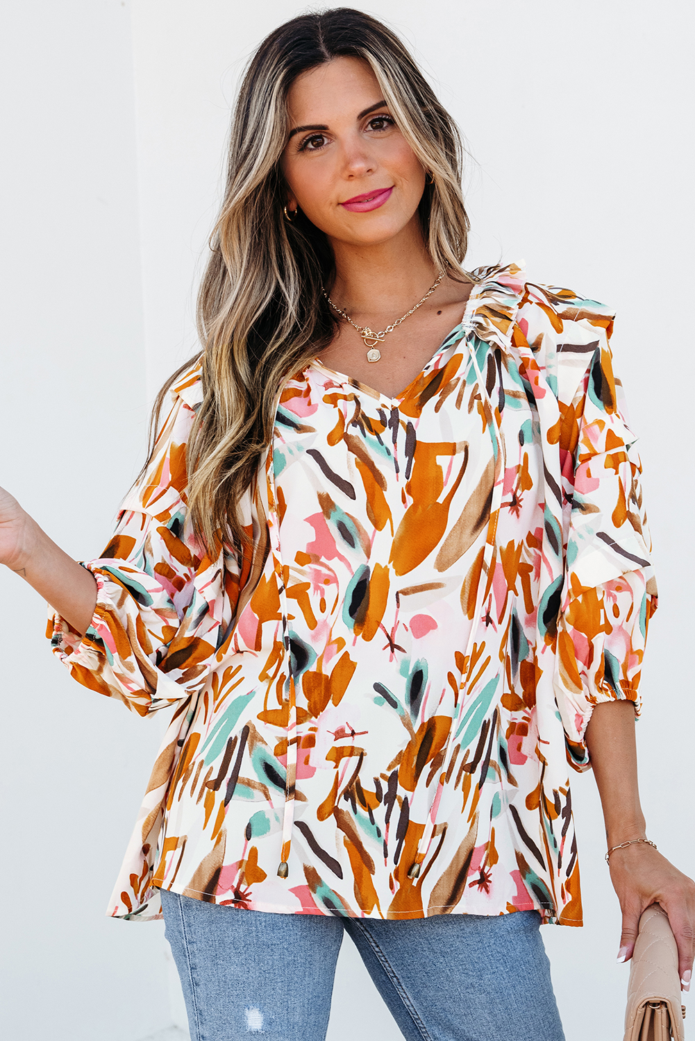 Yellow Abstract Print Drawstring Frilled V Neck 3/4 Sleeve Blouse - Image 4