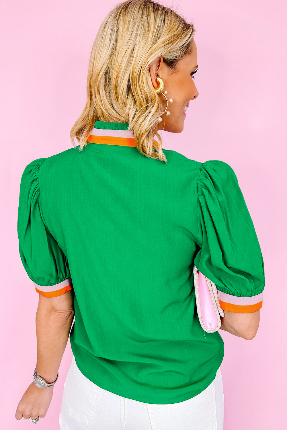 Bright Green Colorful Trim V Neck Short Sleeve Blouse - Image 2