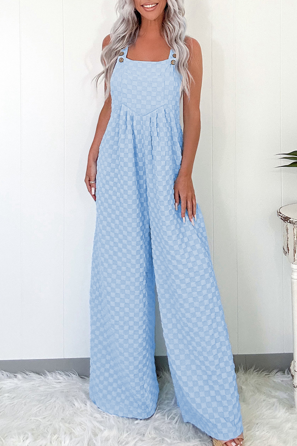 Beau Blue Checkered Pocketed High Waist Wide Leg Overall - Image 7