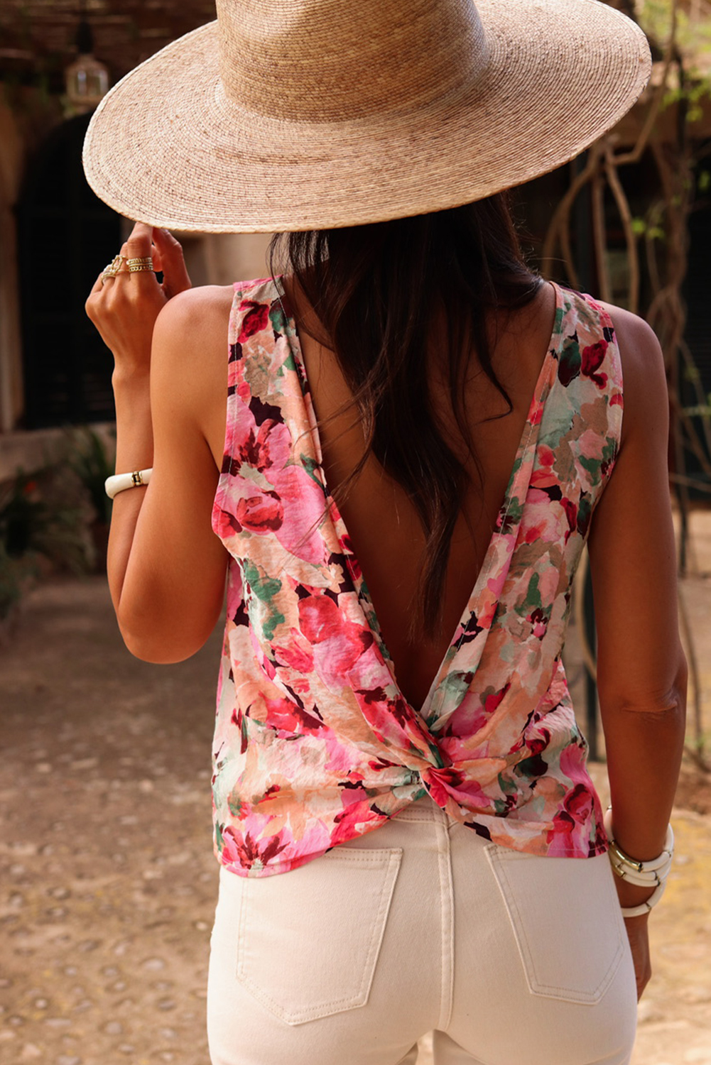Pink Floral Round Neck Twisted Cut Out Back Tank Top - Image 8