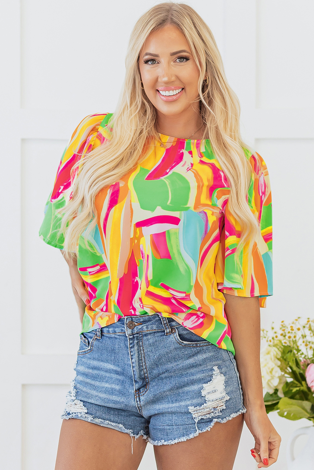 Multicolour Abstract Print Keyhole Back Pleated Half Sleeve Blouse - Image 5