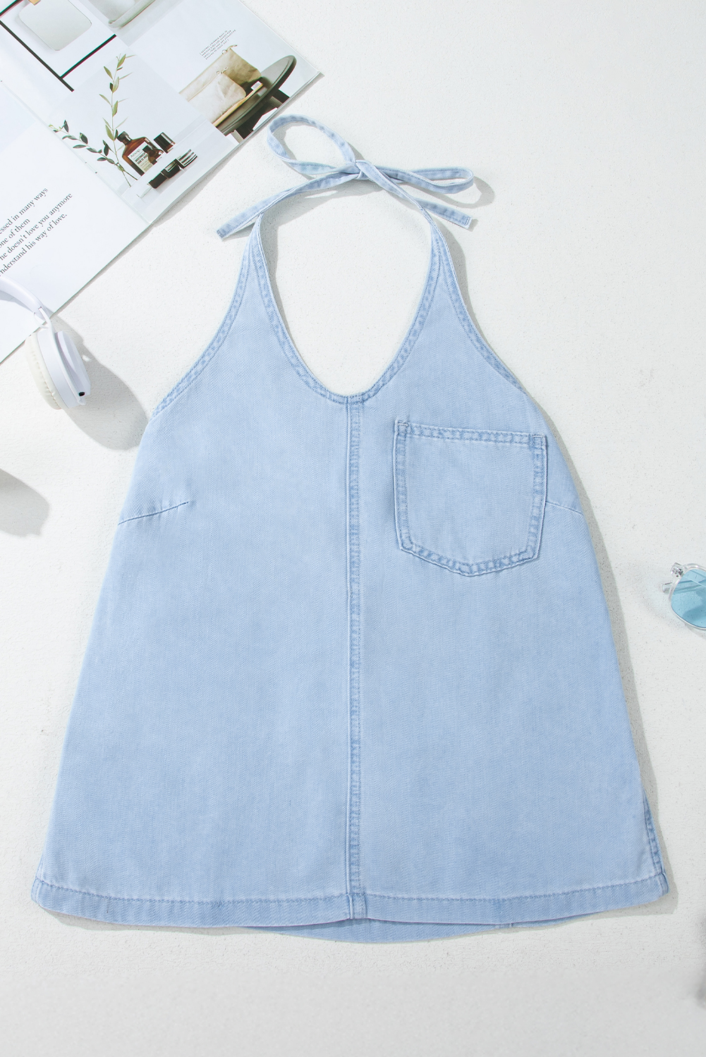 Beau Blue Knotted Open Back Halterneck Denim Tank Top - Image 5
