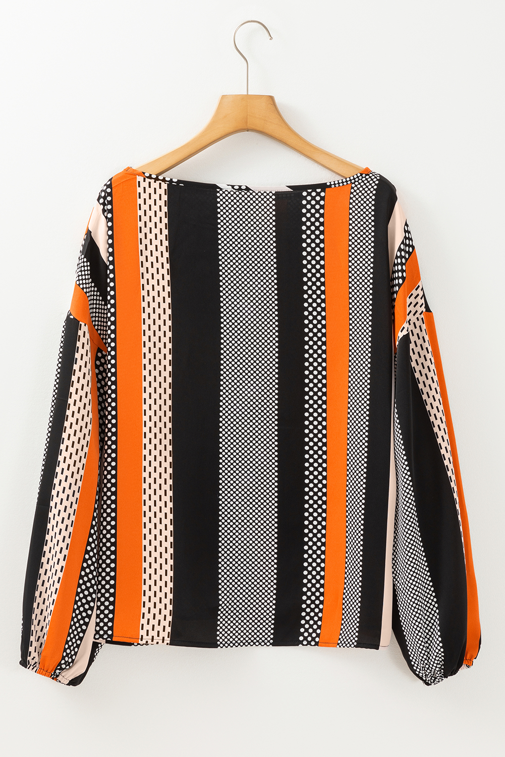 Orange Polka Dot Vertical Striped Printed Puff Sleeve Blouse - Image 8