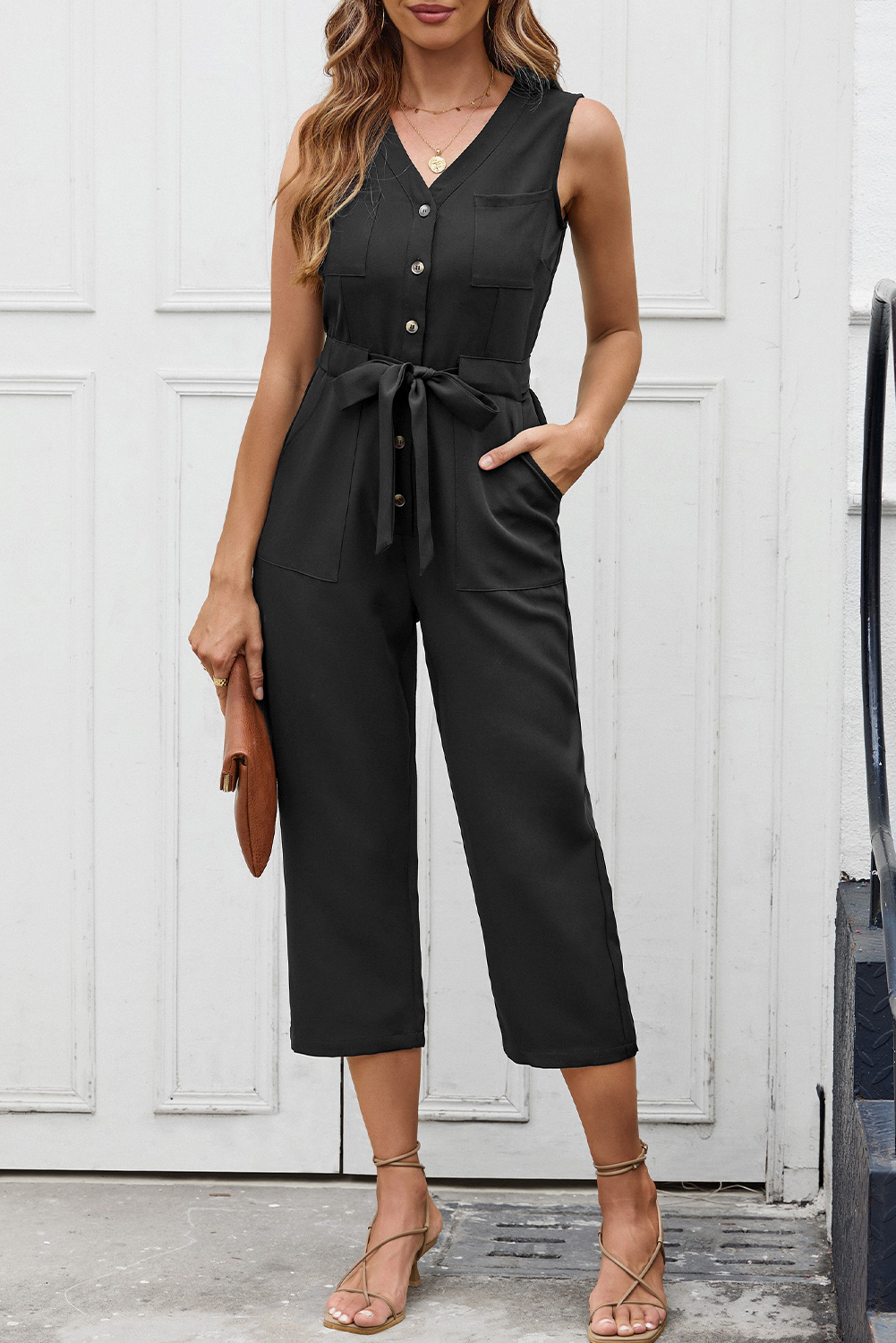 Black Buttoned Sleeveless Cropped Jumpsuit with Sash - Image 5
