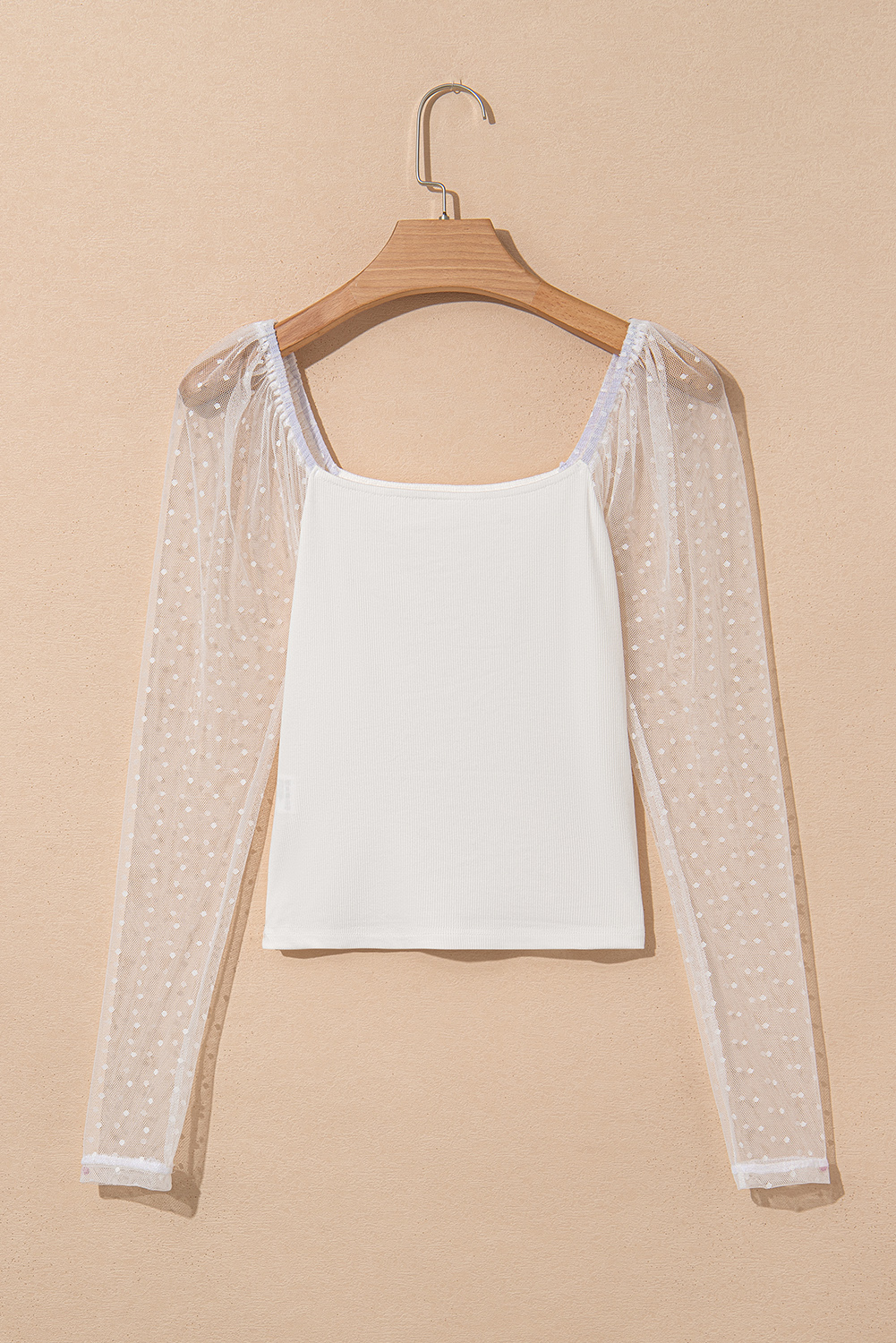 White Swiss Dot Mesh Long Sleeve Square Neck Slim Top - Image 7