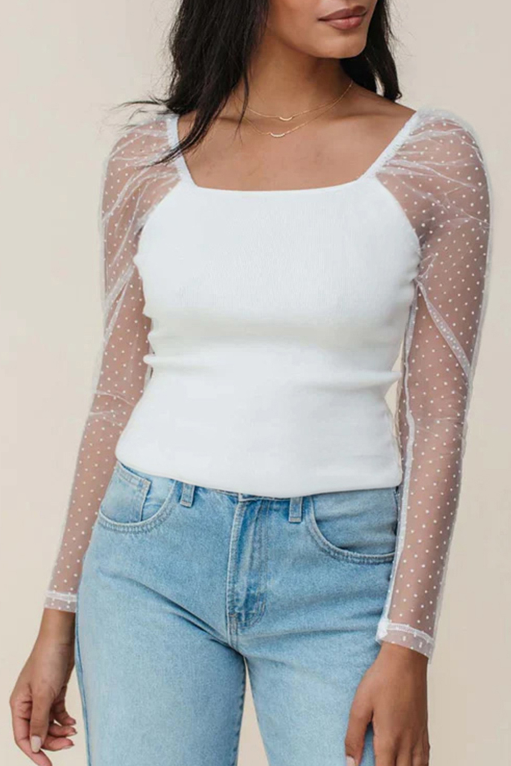 White Swiss Dot Mesh Long Sleeve Square Neck Slim Top - Image 3