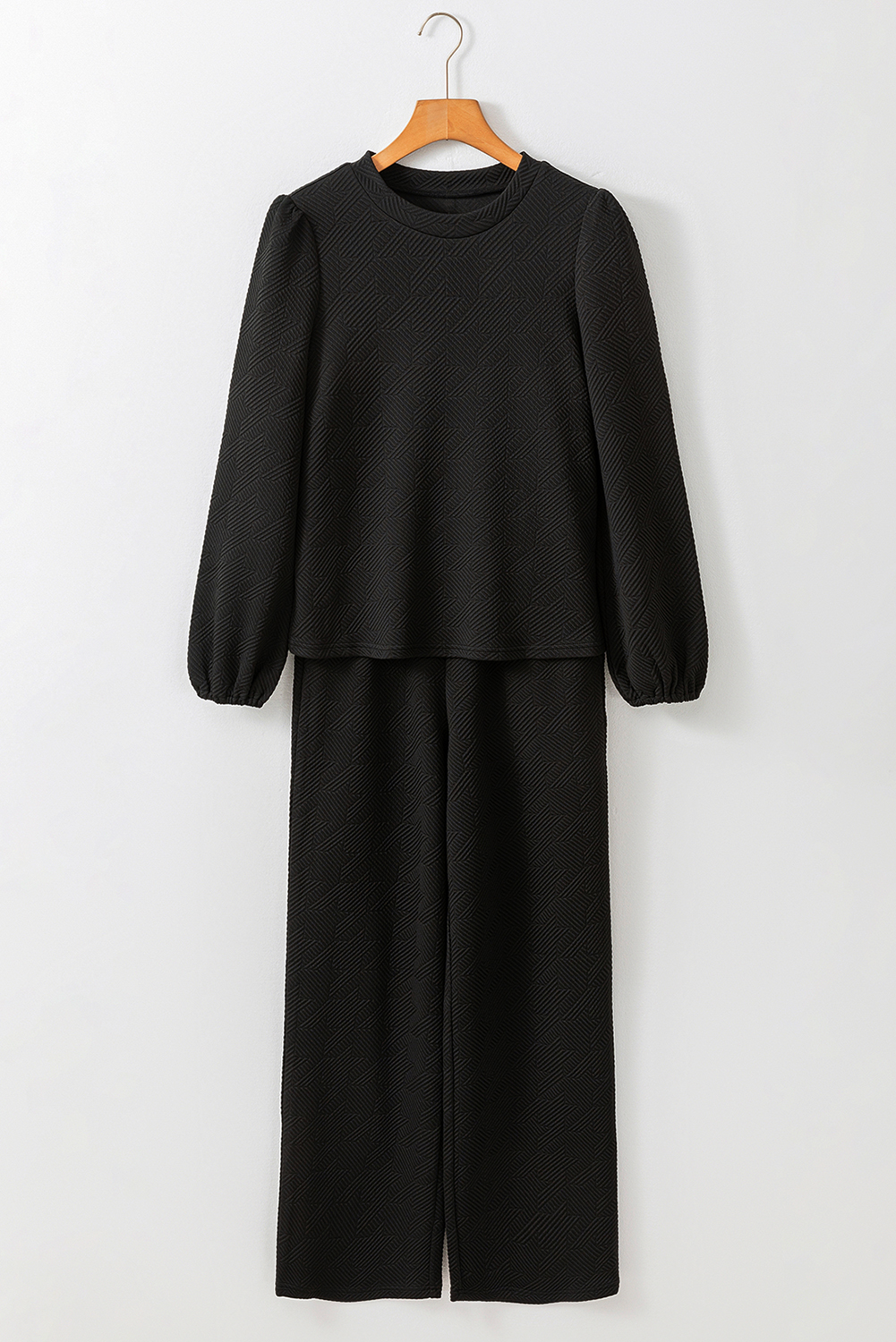 Black Textured Puff Sleeve Top and Pants Set - Image 4