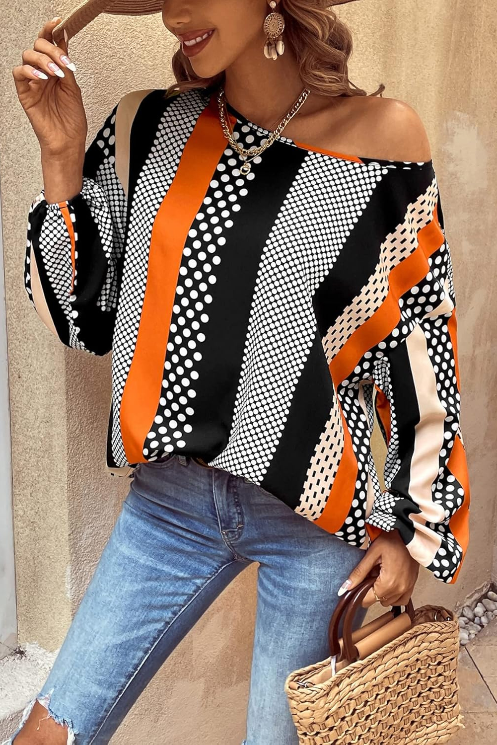 Orange Polka Dot Vertical Striped Printed Puff Sleeve Blouse - Image 3