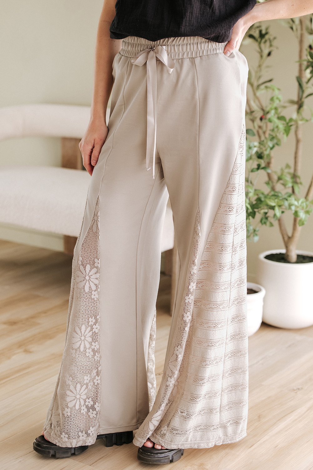 Smoke Gray Boho Lace Patchwork Wide Leg High Waist Pants - Image 6
