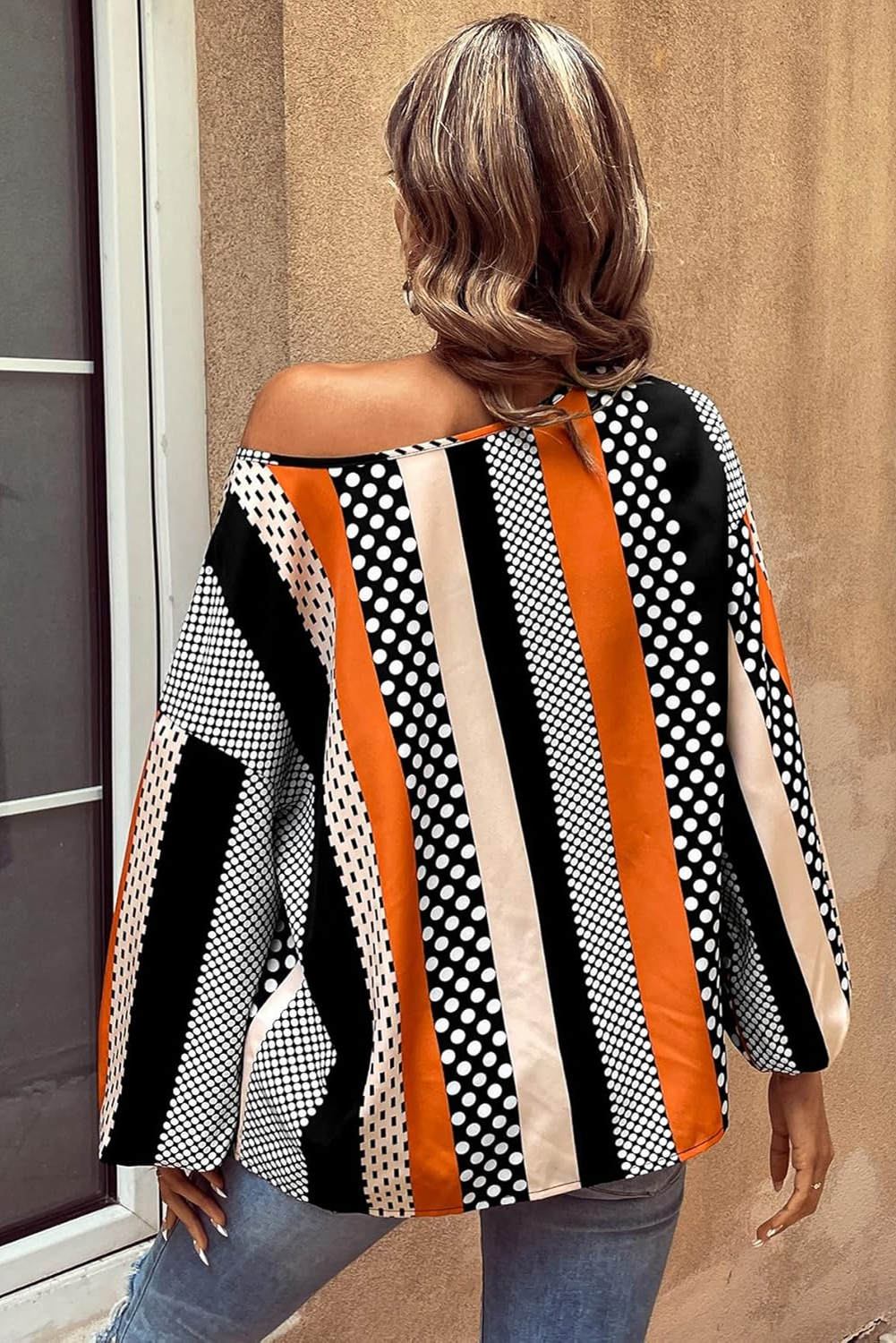 Orange Polka Dot Vertical Striped Printed Puff Sleeve Blouse - Image 2